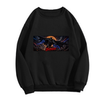 Front garment photograph: men's crewneck sweatshirt decorated with a winged figure stretched across a wide eclipse-like backdrop