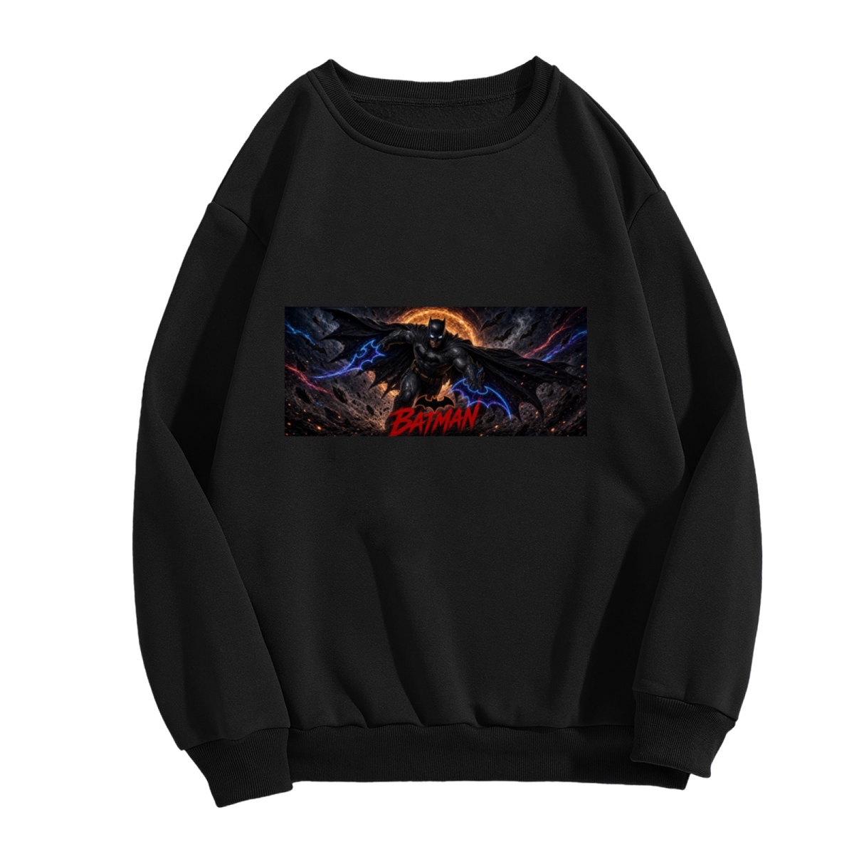 Front garment photograph: men's crewneck sweatshirt decorated with a winged figure stretched across a wide eclipse-like backdrop