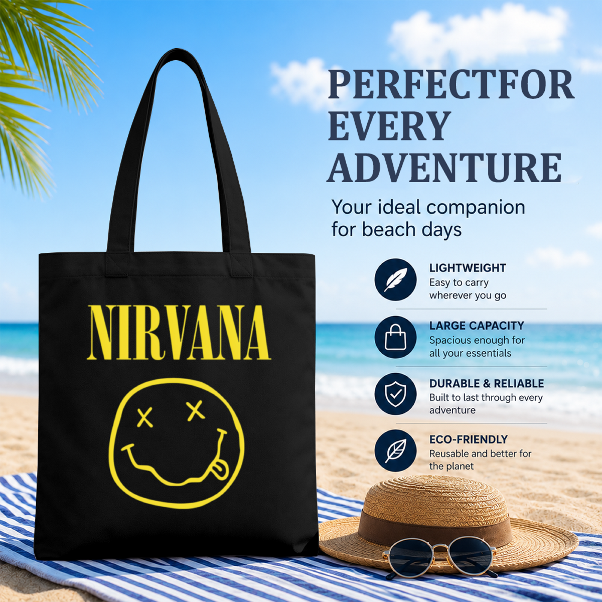 Nirvana Classic Smiley Canvas Tote Bag — a Nirvana smiley-themed graphic