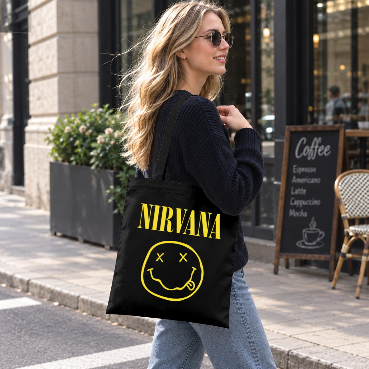 Nirvana Classic Smiley Canvas Tote Bag — a Nirvana smiley-themed graphic