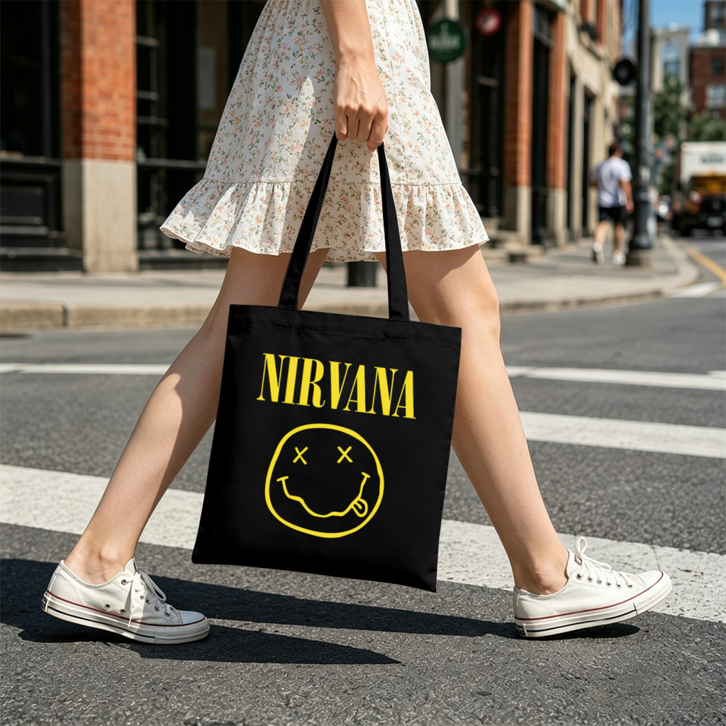 Nirvana Classic Smiley Canvas Tote Bag — a Nirvana smiley-themed graphic