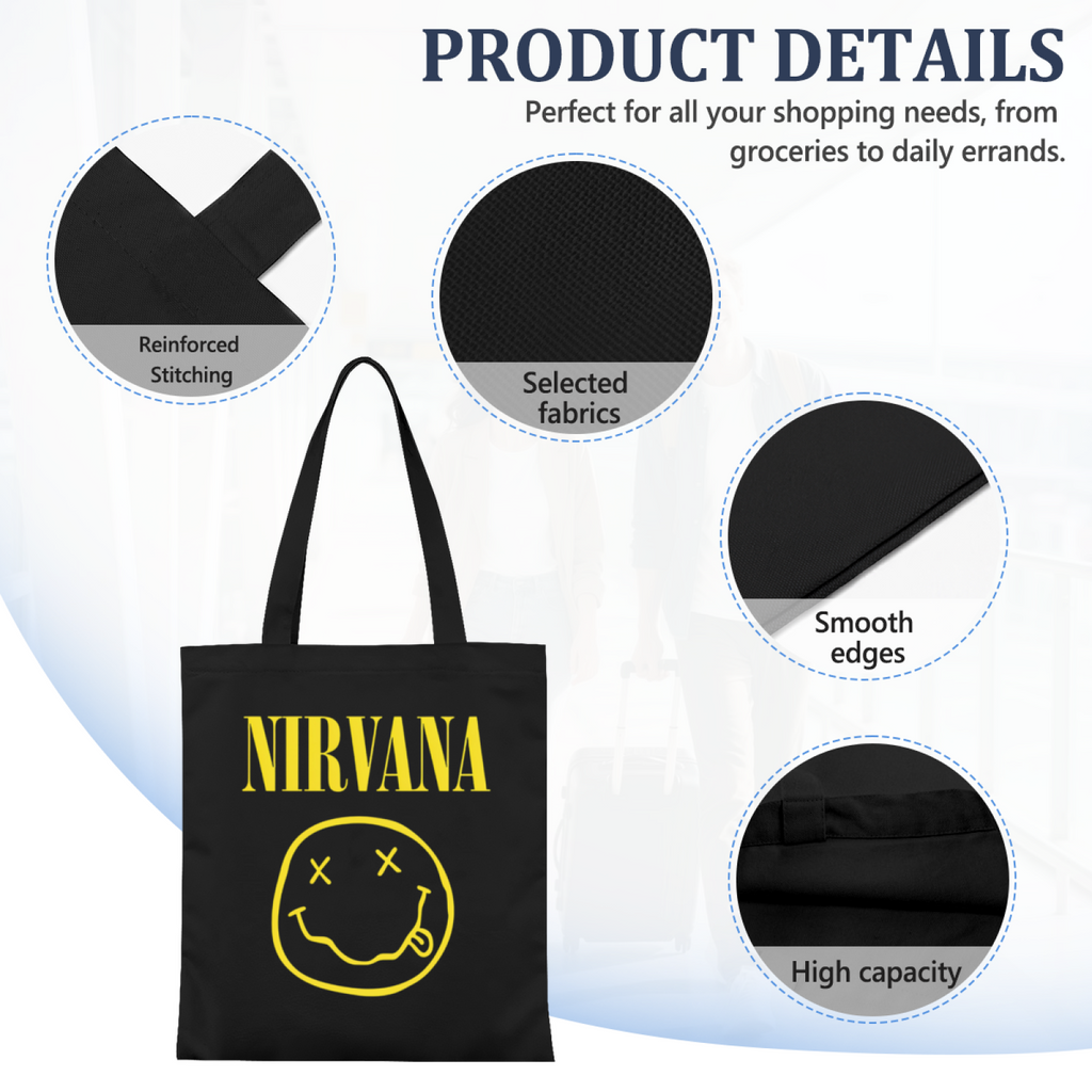 Nirvana Classic Smiley Canvas Tote Bag — a Nirvana smiley-themed graphic