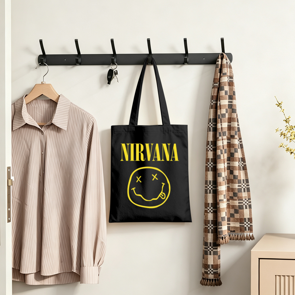 Nirvana Classic Smiley Canvas Tote Bag — a Nirvana smiley-themed graphic