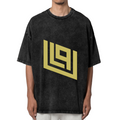 Front view of a dark washed graphic T-shirt featuring gold angular geometric emblem
