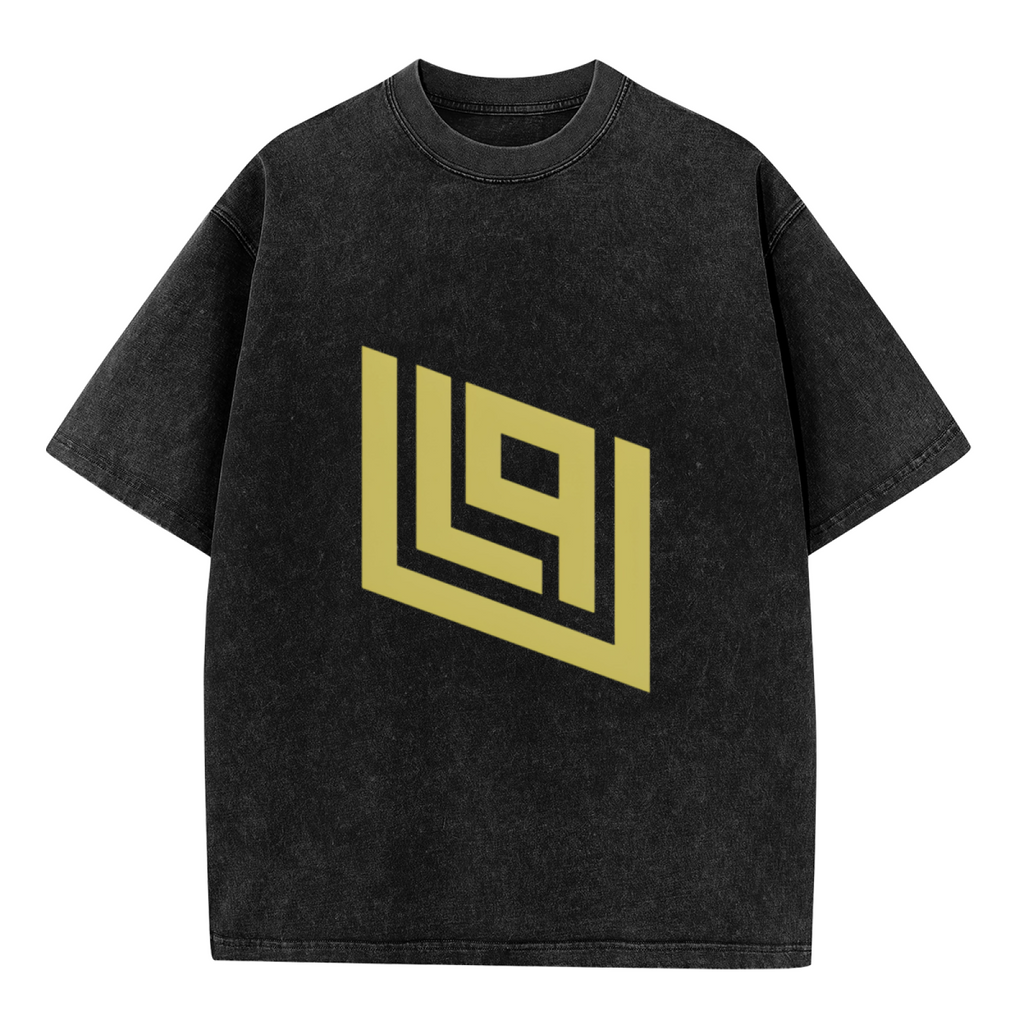 Product image of a washed graphic T-shirt featuring gold angular geometric emblem