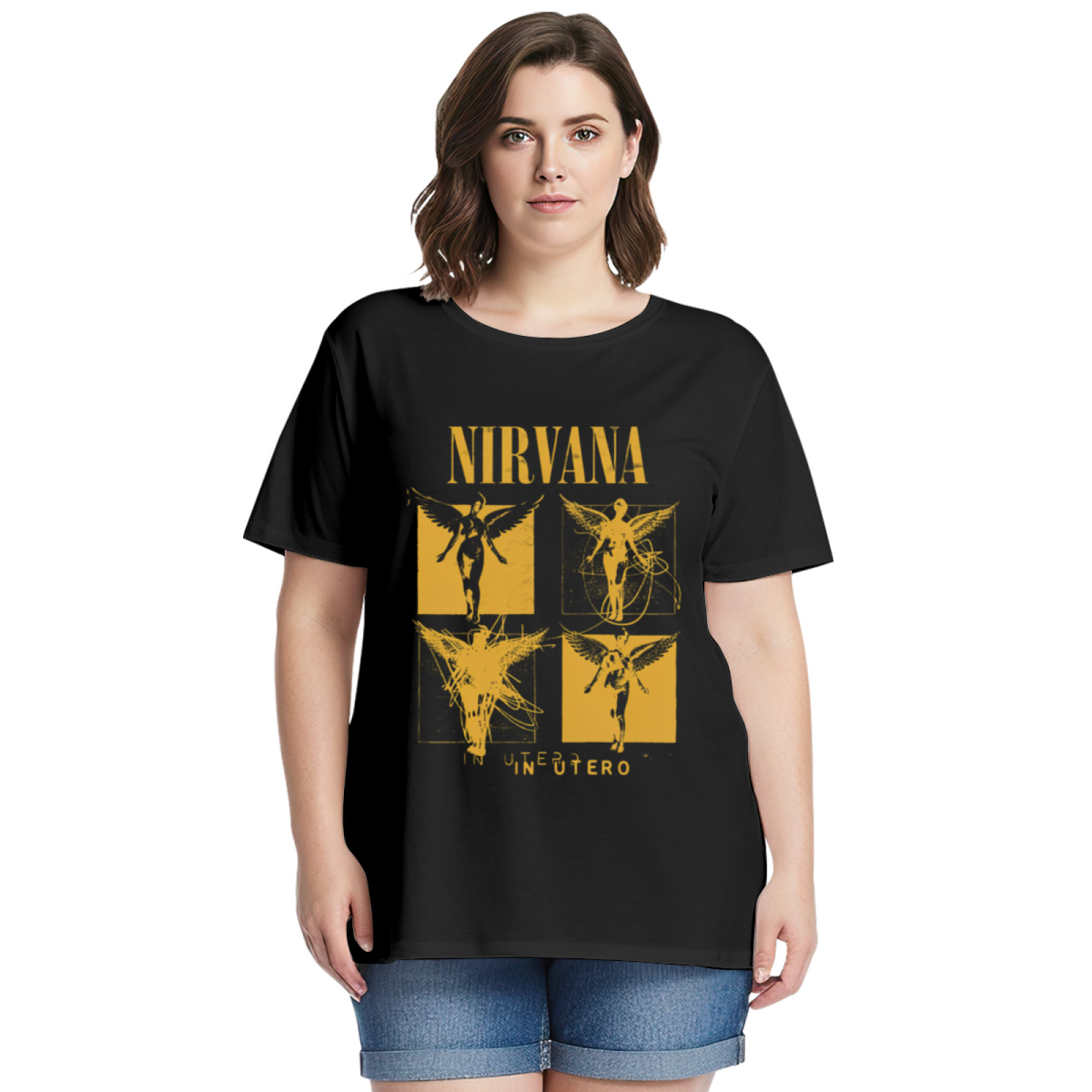 Graphic T-shirt product image with in utero four panel yellow angel artwork, black colorway