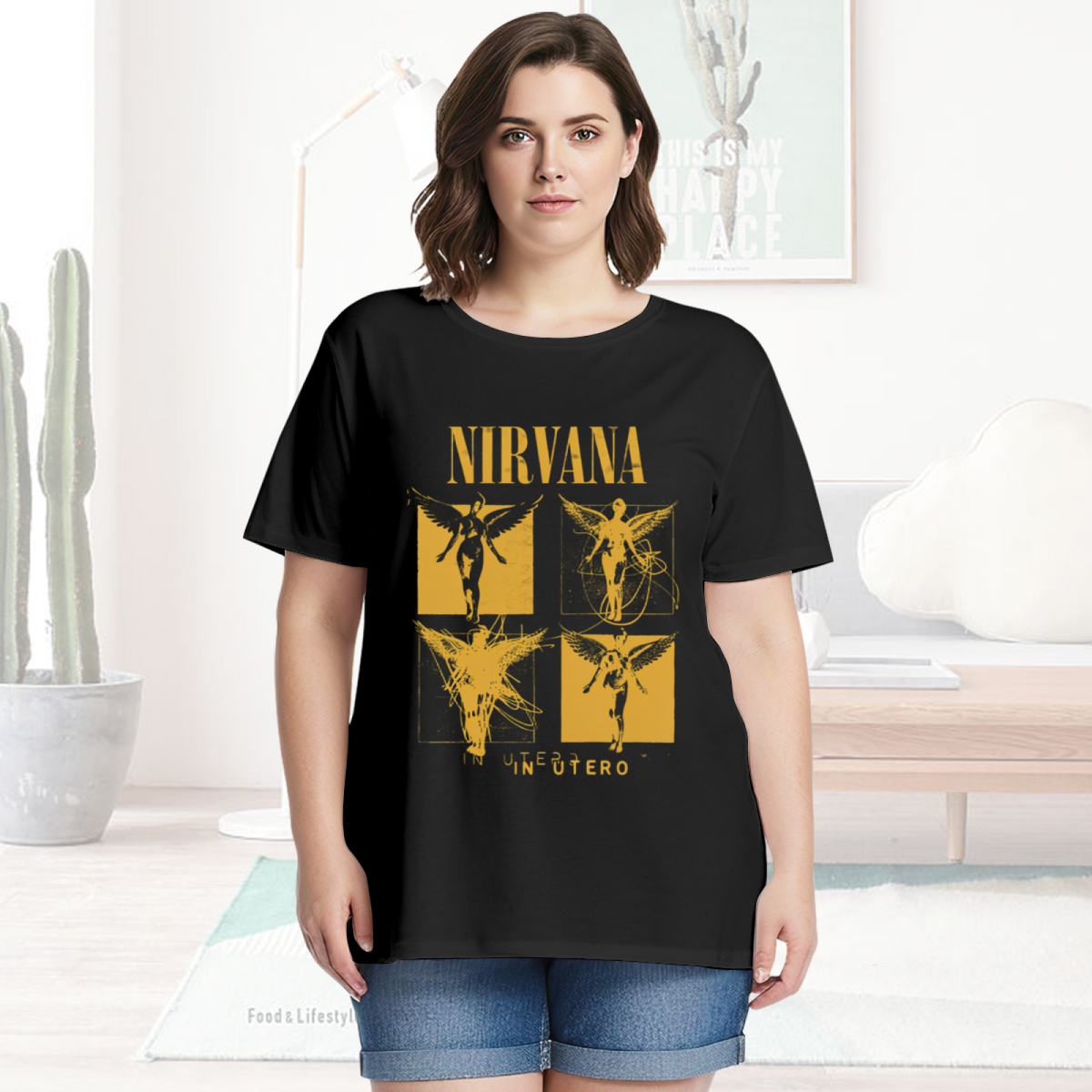 Graphic T-shirt product image with in utero four panel yellow angel artwork