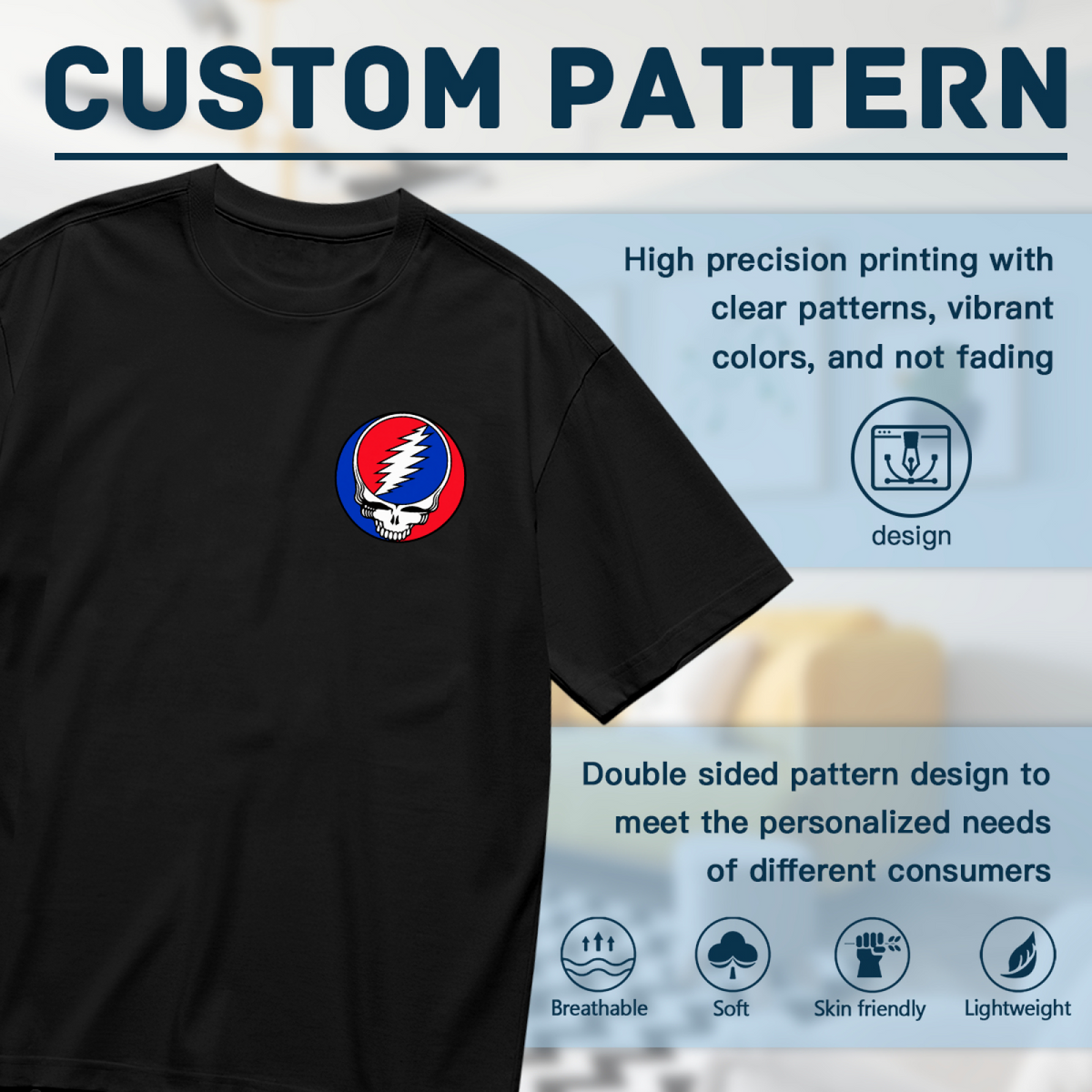Close-up product image of Grateful Dead Steal Your Face left chest graphic T-shirt on a black T-shirt