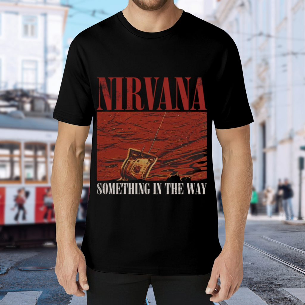 Nirvana Something in the Way Radio Graphic T-Shirt — product design preview of the artwork; a red vintage radio motif references “Something in the Way