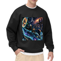 On-model product photo: men's crewneck sweatshirt bearing a whale traveling along curving trails of light through a galaxy