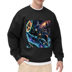 On-model product photo: men's crewneck sweatshirt bearing a whale traveling along curving trails of light through a galaxy