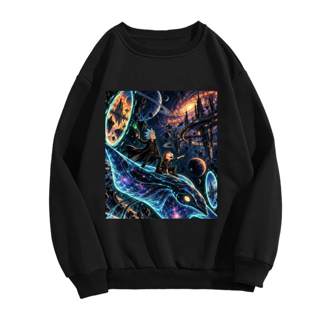 Men's crewneck sweatshirt photographed alone, with a whale traveling along curving trails of light through a galaxy on the front