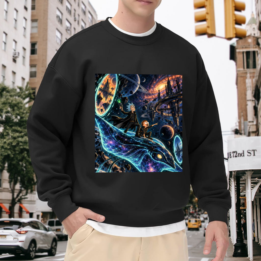 Lifestyle image outdoors: men's crewneck sweatshirt with a front graphic of a whale traveling along curving trails of light through a galaxy