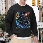 Lifestyle image outdoors: men's crewneck sweatshirt with a front graphic of a whale traveling along curving trails of light through a galaxy