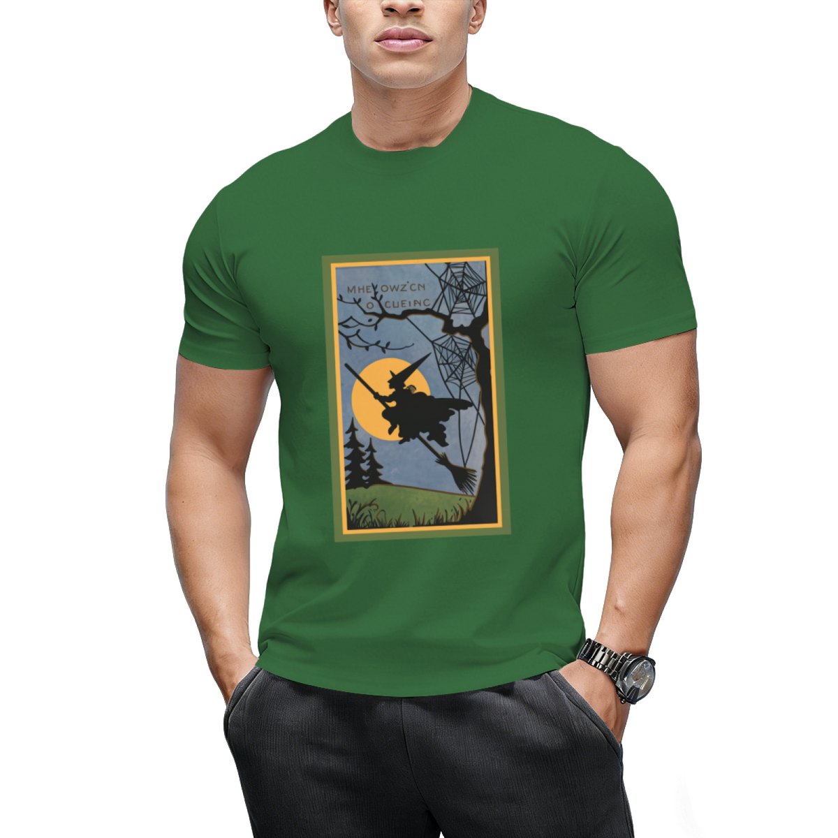 Vintage Look Halloween Flying Witch Graphic T-Shirt