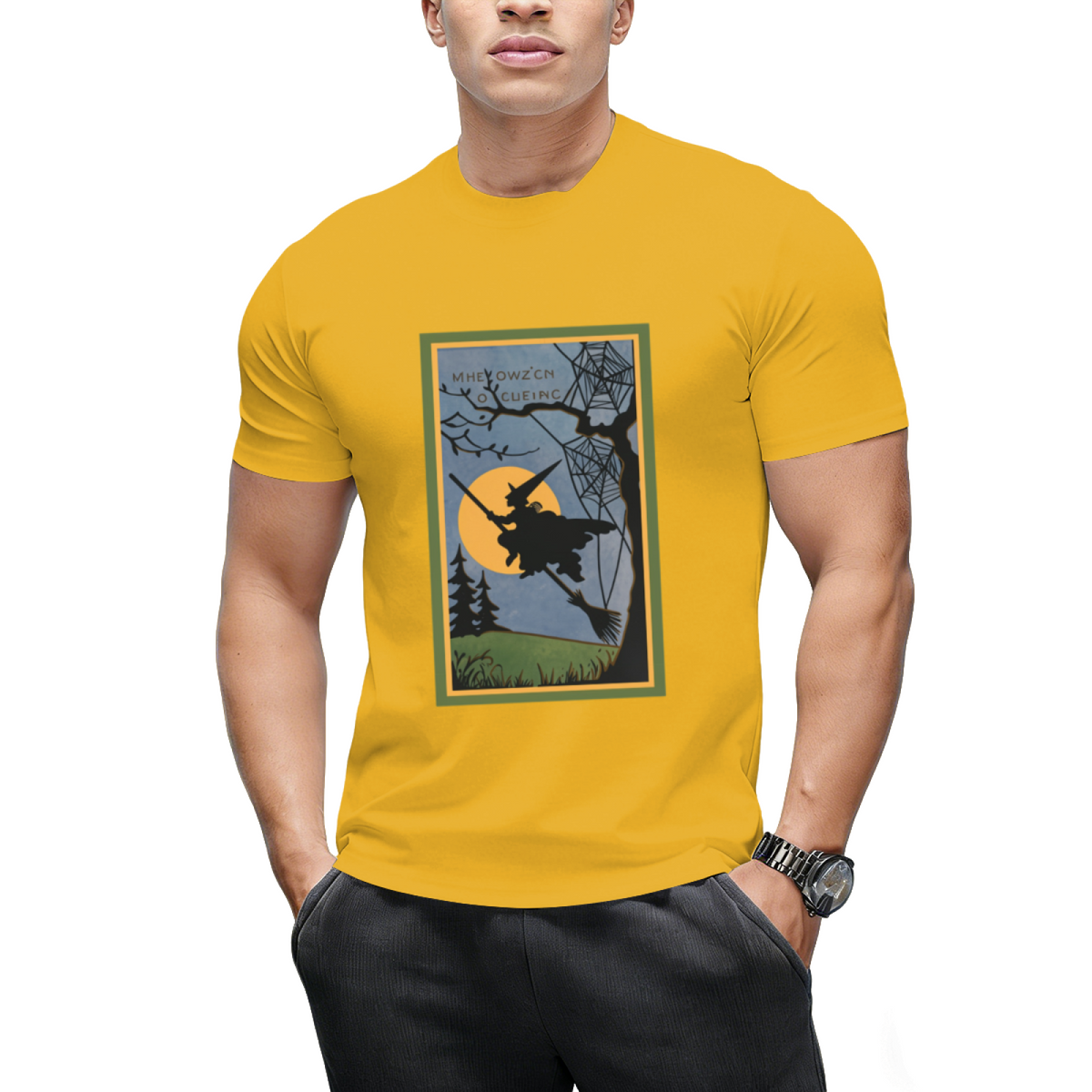 Vintage Look Halloween Flying Witch Graphic T-Shirt