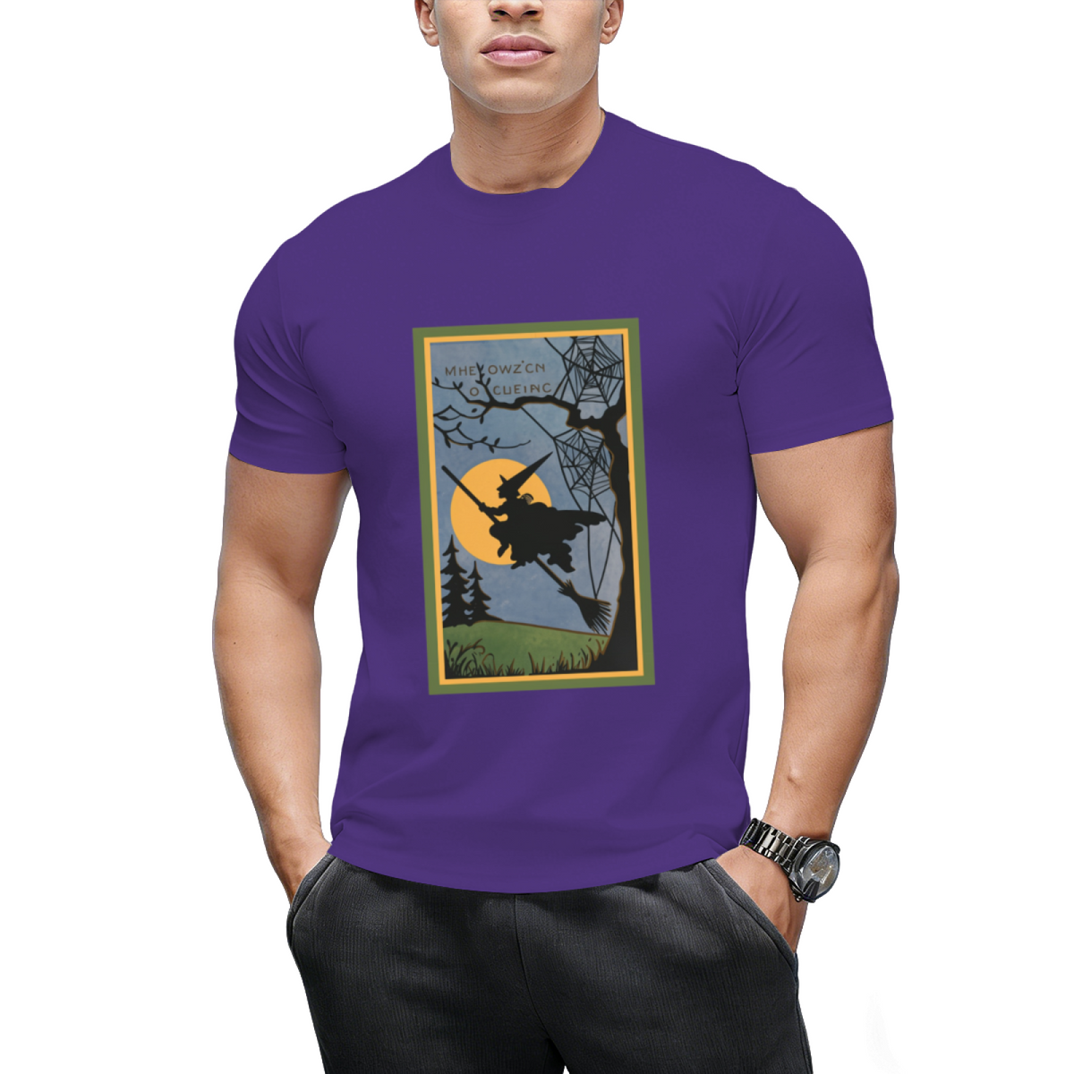 Vintage Look Halloween Flying Witch Graphic T-Shirt