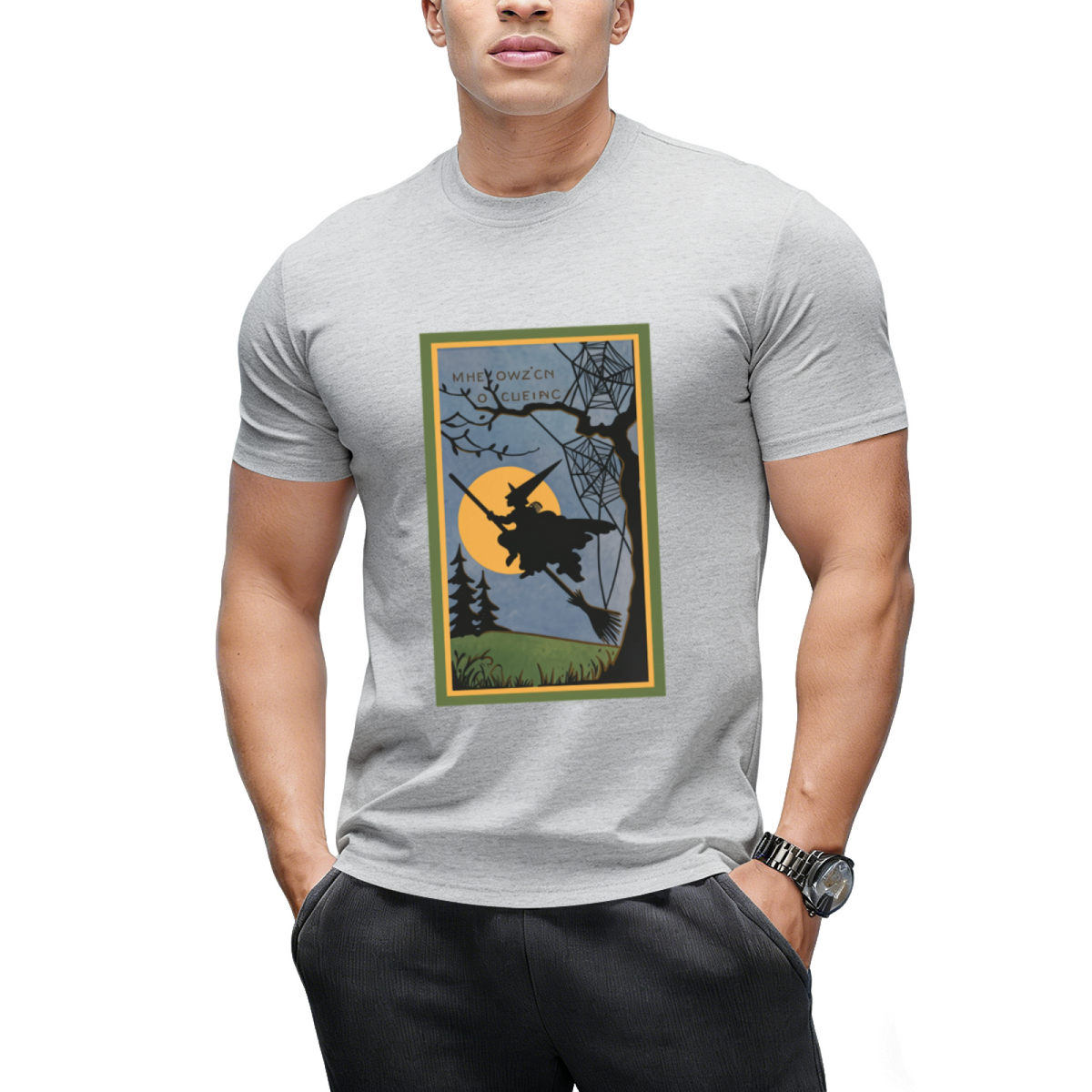 Vintage Look Halloween Flying Witch Graphic T-Shirt