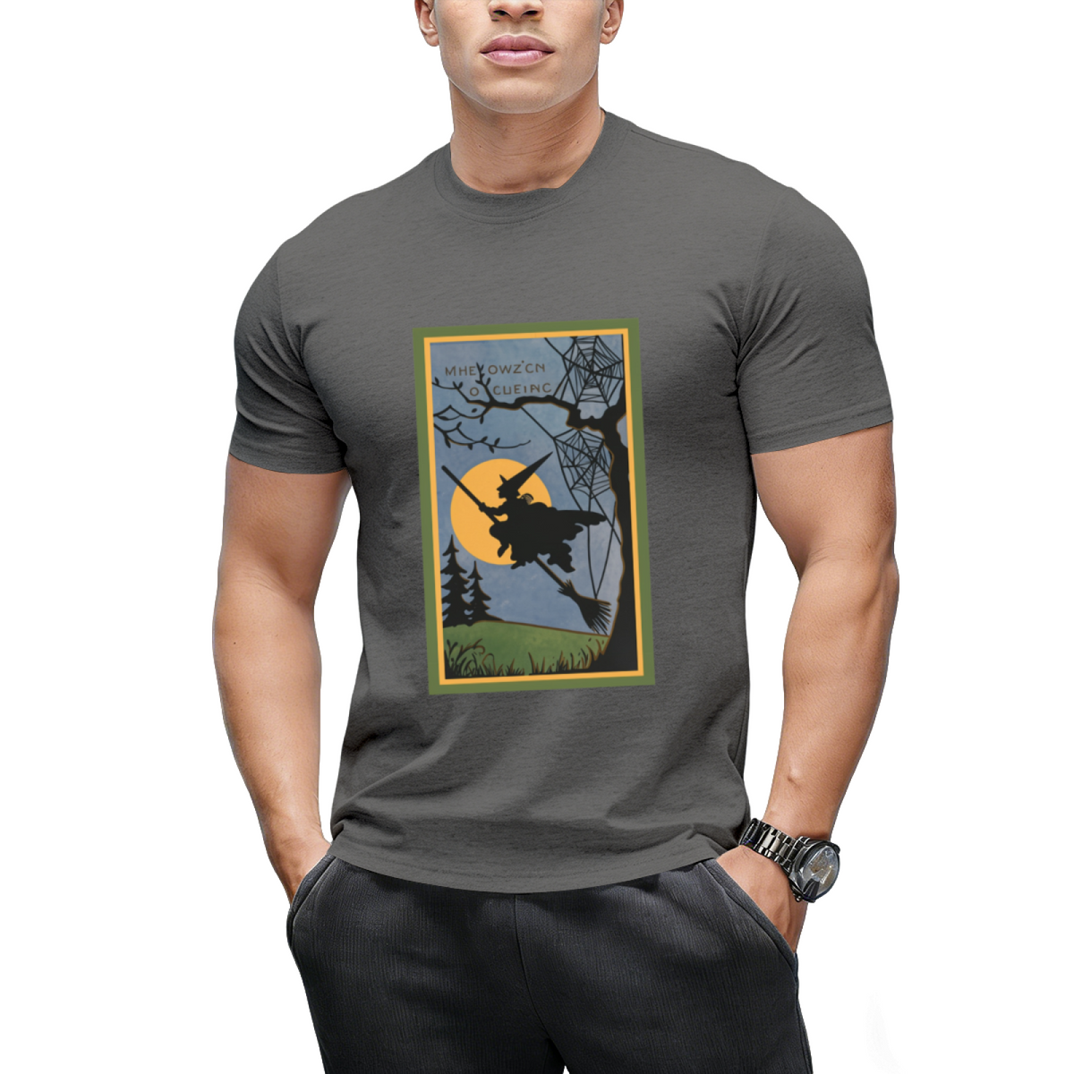 Vintage Look Halloween Flying Witch Graphic T-Shirt