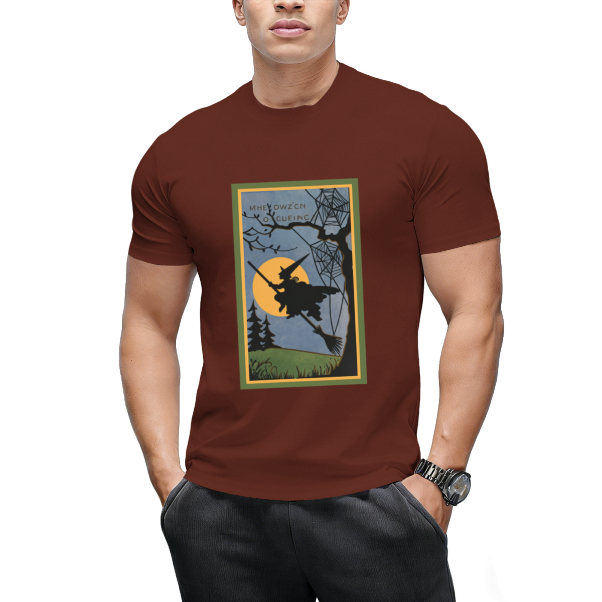 Vintage Look Halloween Flying Witch Graphic T-Shirt