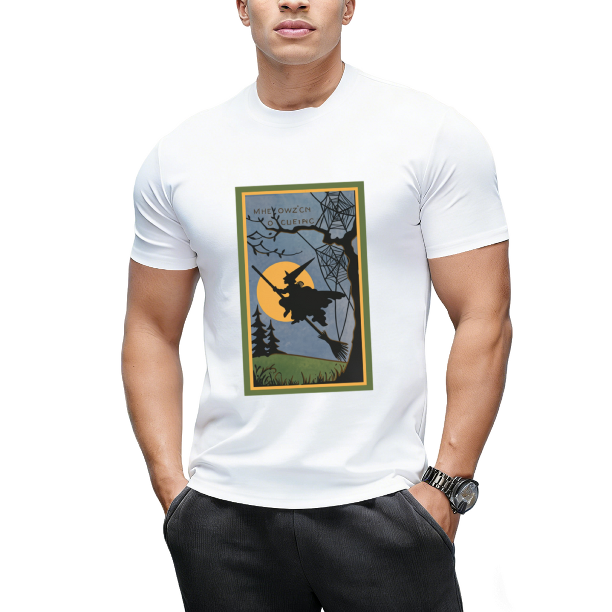 Vintage Look Halloween Flying Witch Graphic T-Shirt