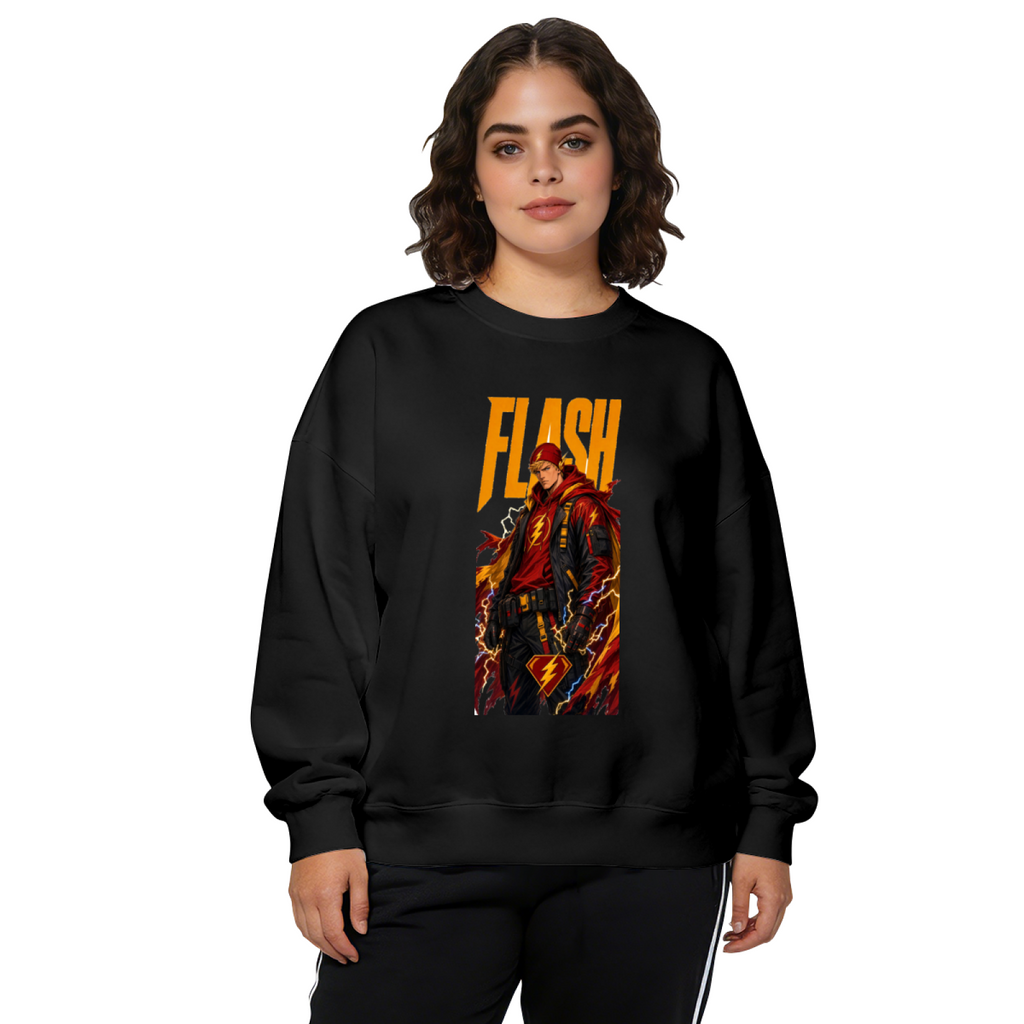 A jacketed figure amid lightning in a tall street-style illustration printed on a women's crewneck sweatshirt, shown in a front model photo