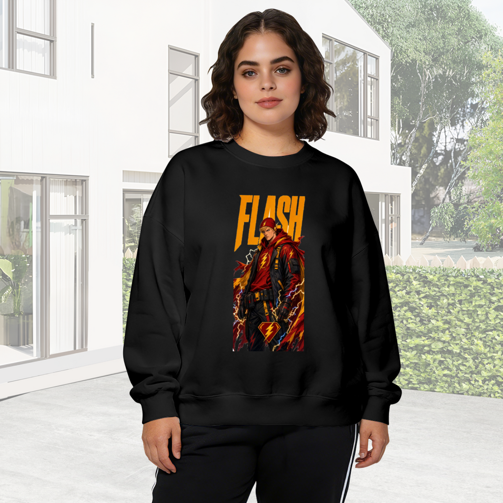 On-location model photograph displaying a jacketed figure amid lightning in a tall street-style illustration on the front of a women's crewneck sweatshirt