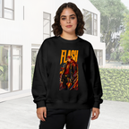 On-location model photograph displaying a jacketed figure amid lightning in a tall street-style illustration on the front of a women's crewneck sweatshirt