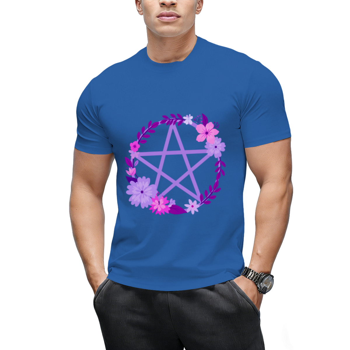 Purple Floral Pentacle Design Graphic T-Shirt
