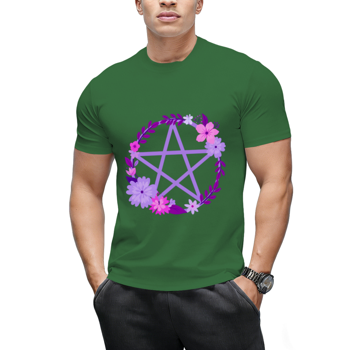 Purple Floral Pentacle Design Graphic T-Shirt