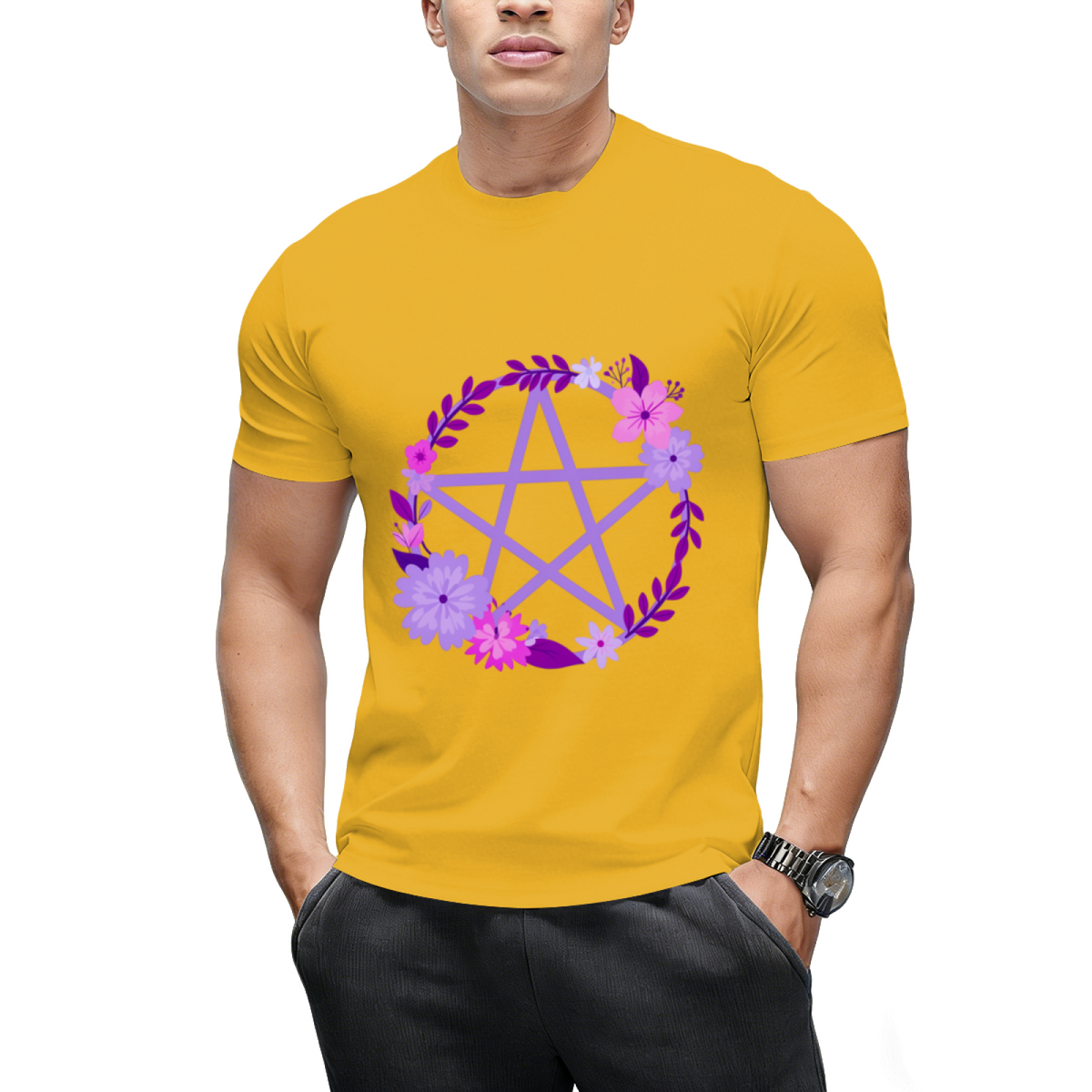 Purple Floral Pentacle Design Graphic T-Shirt