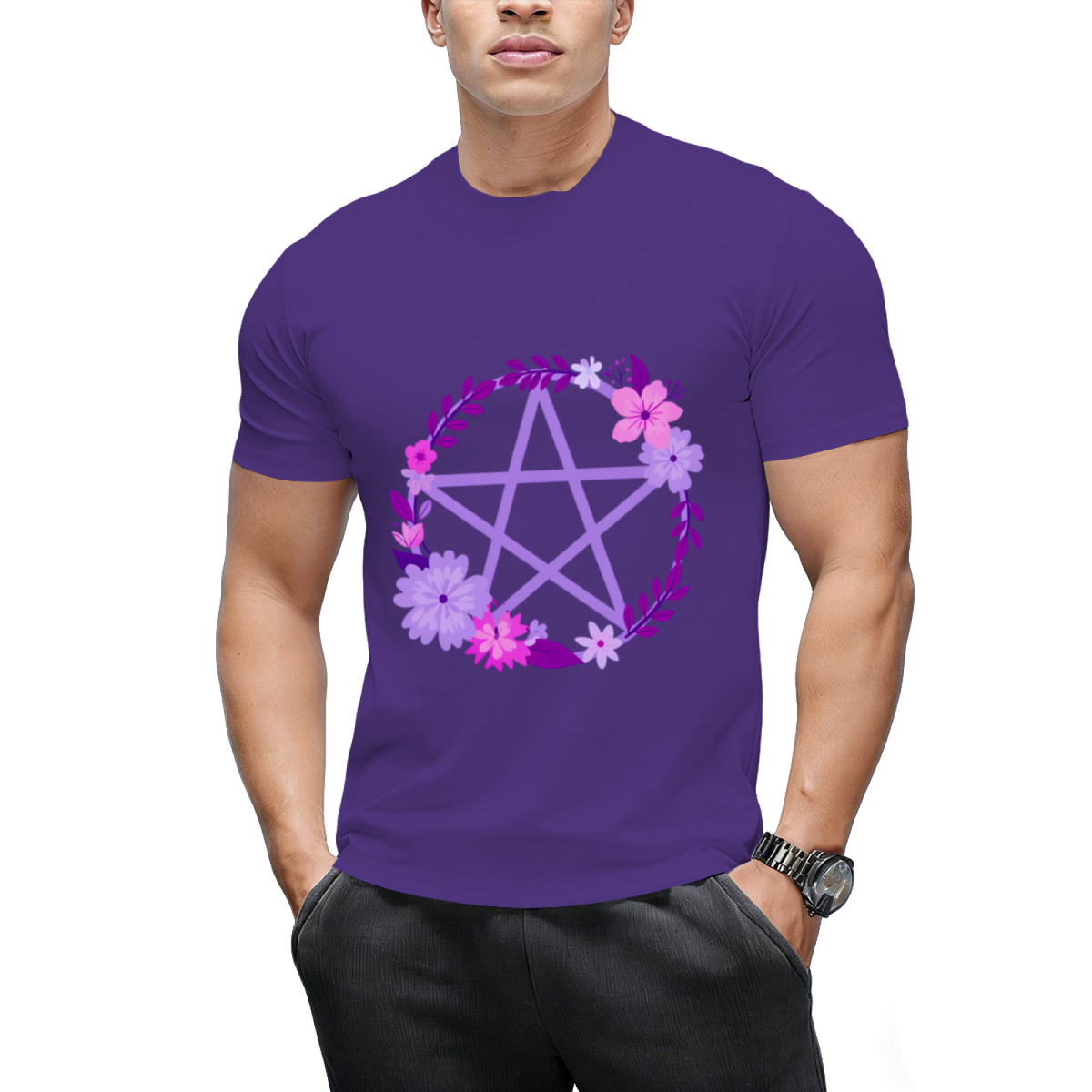 Purple Floral Pentacle Design Graphic T-Shirt