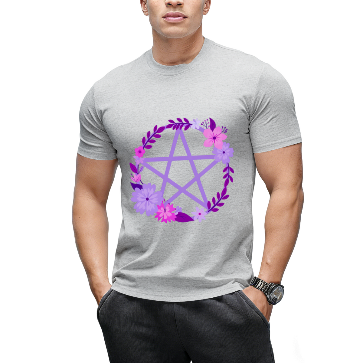 Purple Floral Pentacle Design Graphic T-Shirt