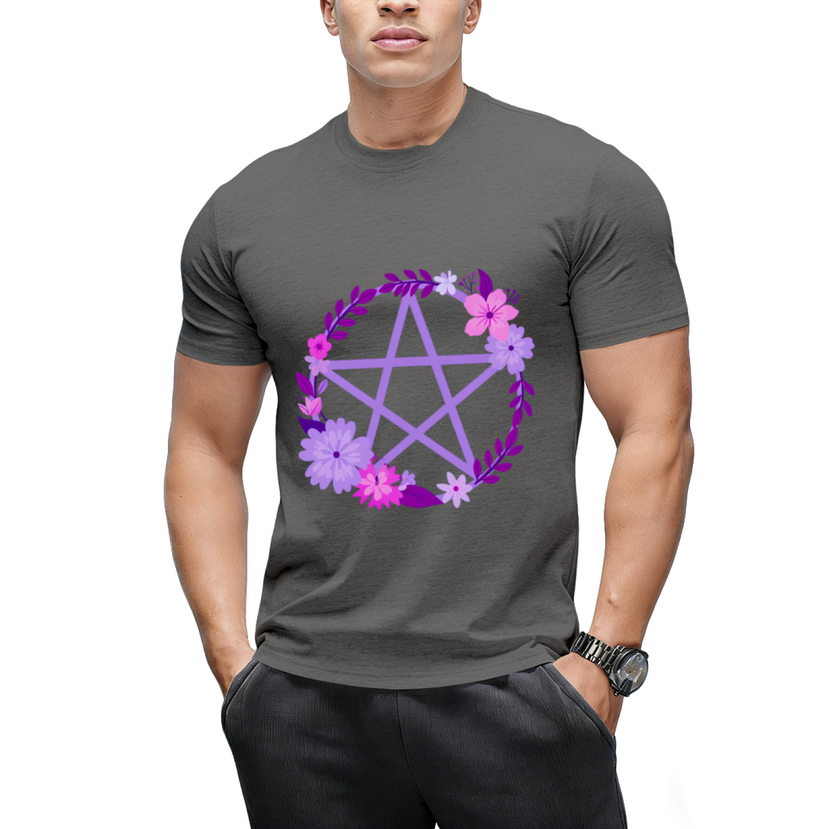 Purple Floral Pentacle Design Graphic T-Shirt