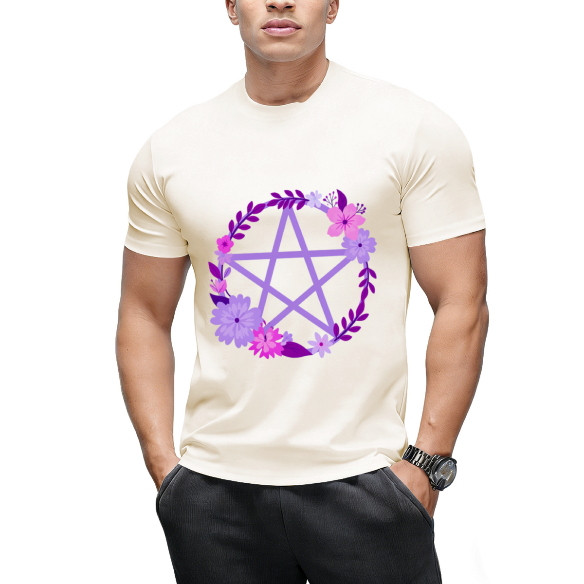 Purple Floral Pentacle Design Graphic T-Shirt
