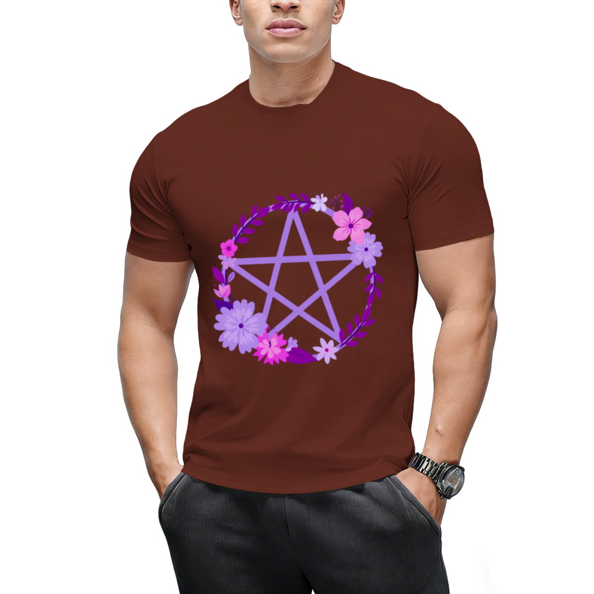Purple Floral Pentacle Design Graphic T-Shirt