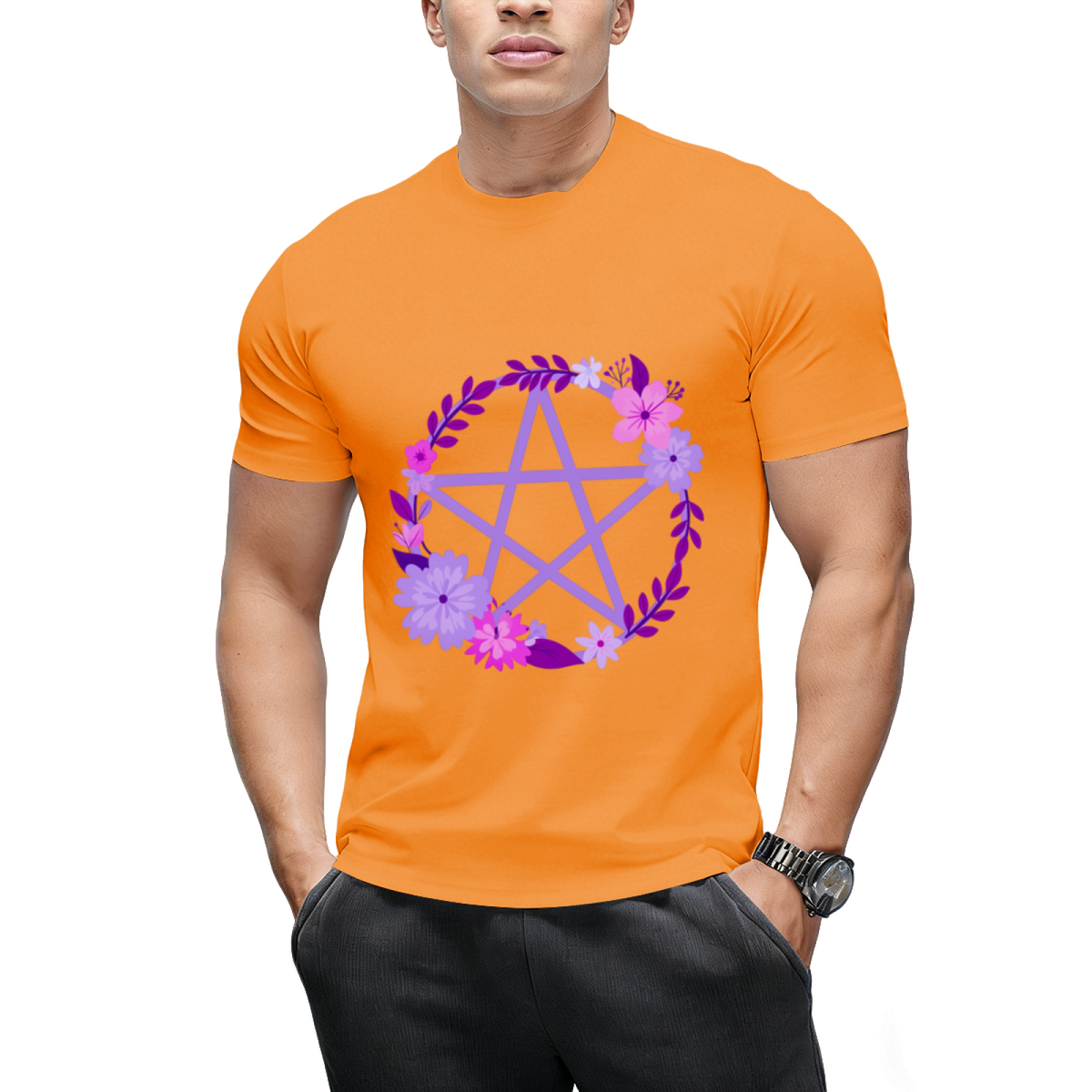 Purple Floral Pentacle Design Graphic T-Shirt