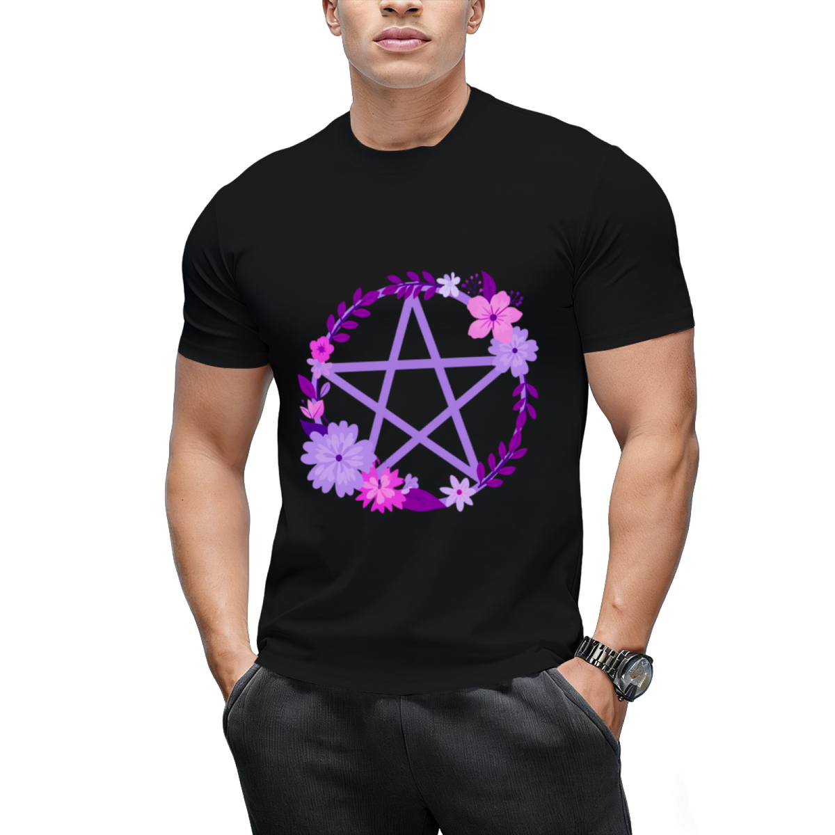Purple Floral Pentacle Design Graphic T-Shirt