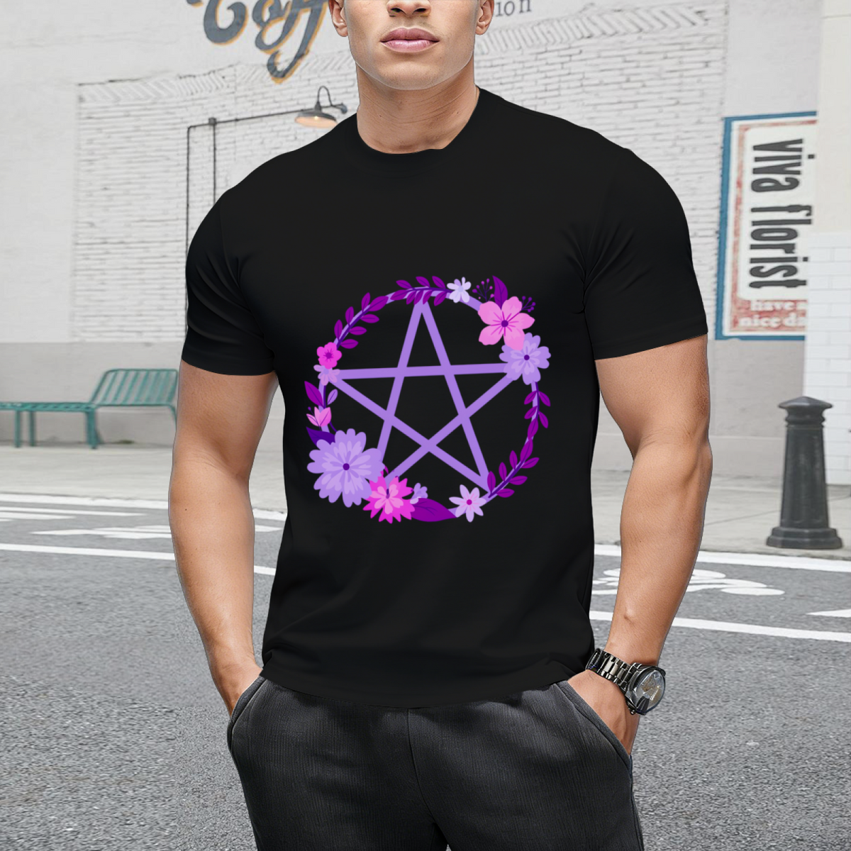 Purple Floral Pentacle Design Graphic T-Shirt