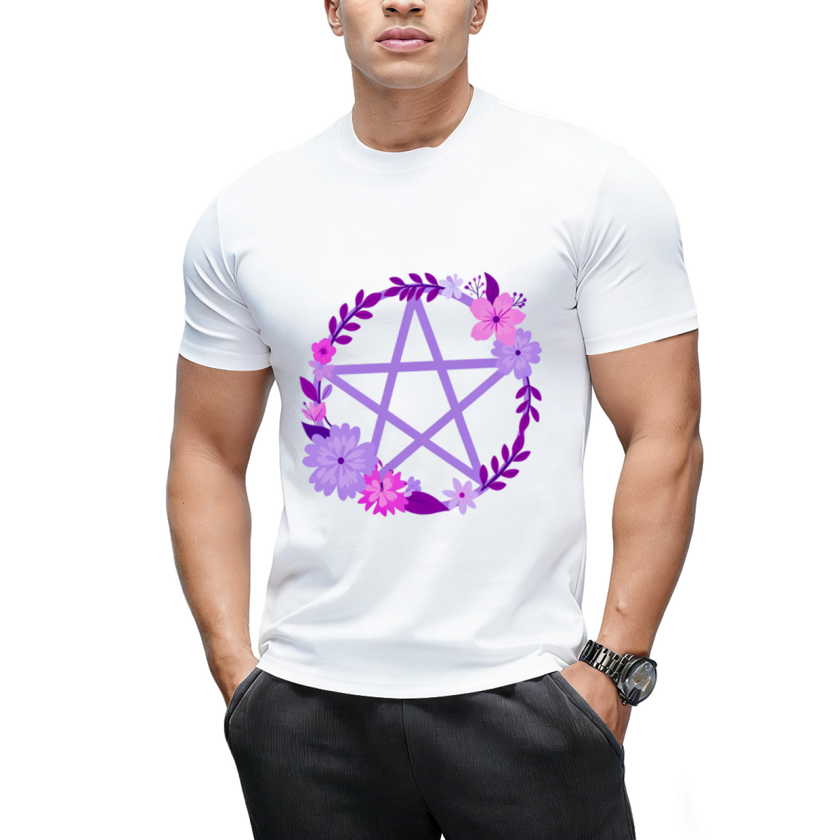 Purple Floral Pentacle Design Graphic T-Shirt