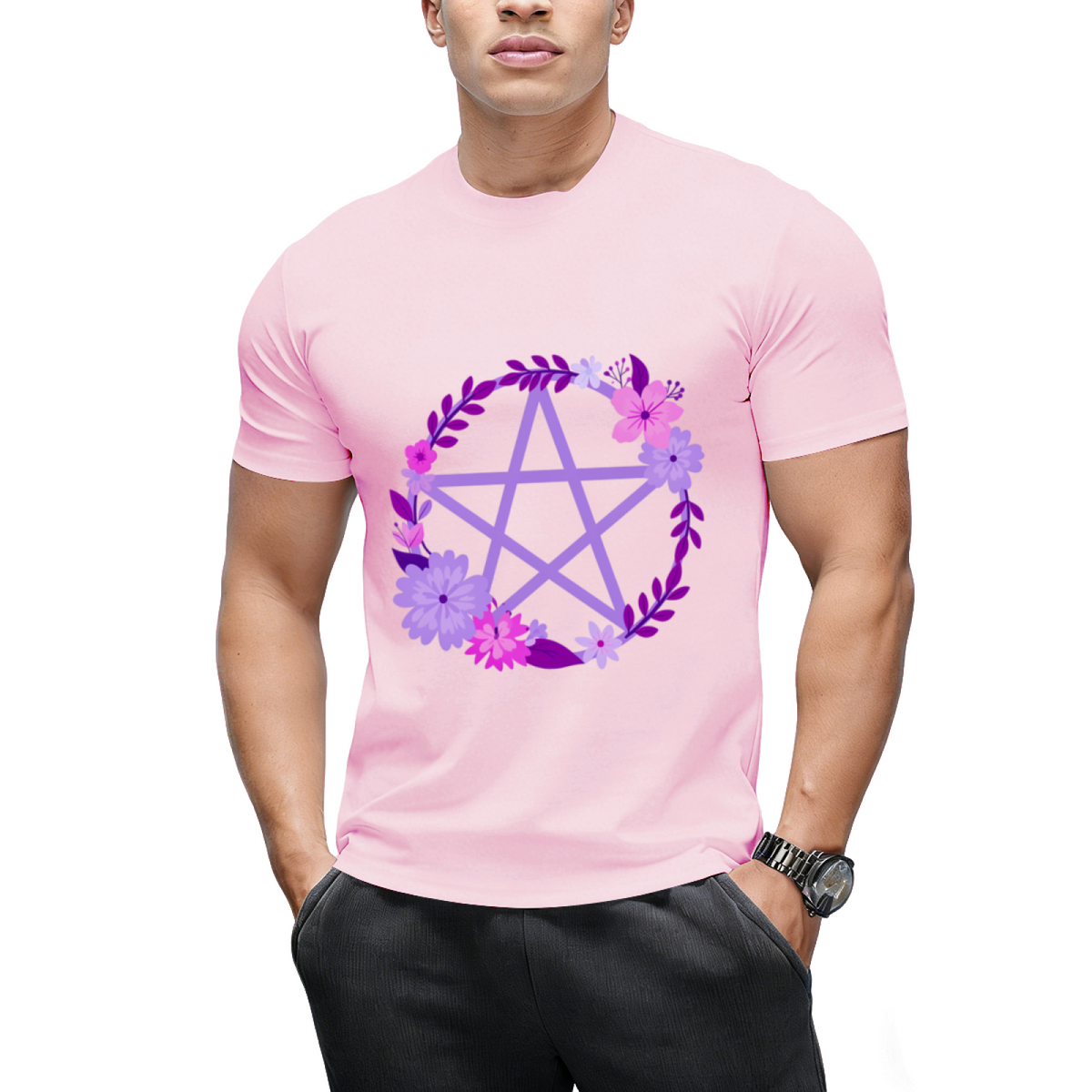 Purple Floral Pentacle Design Graphic T-Shirt