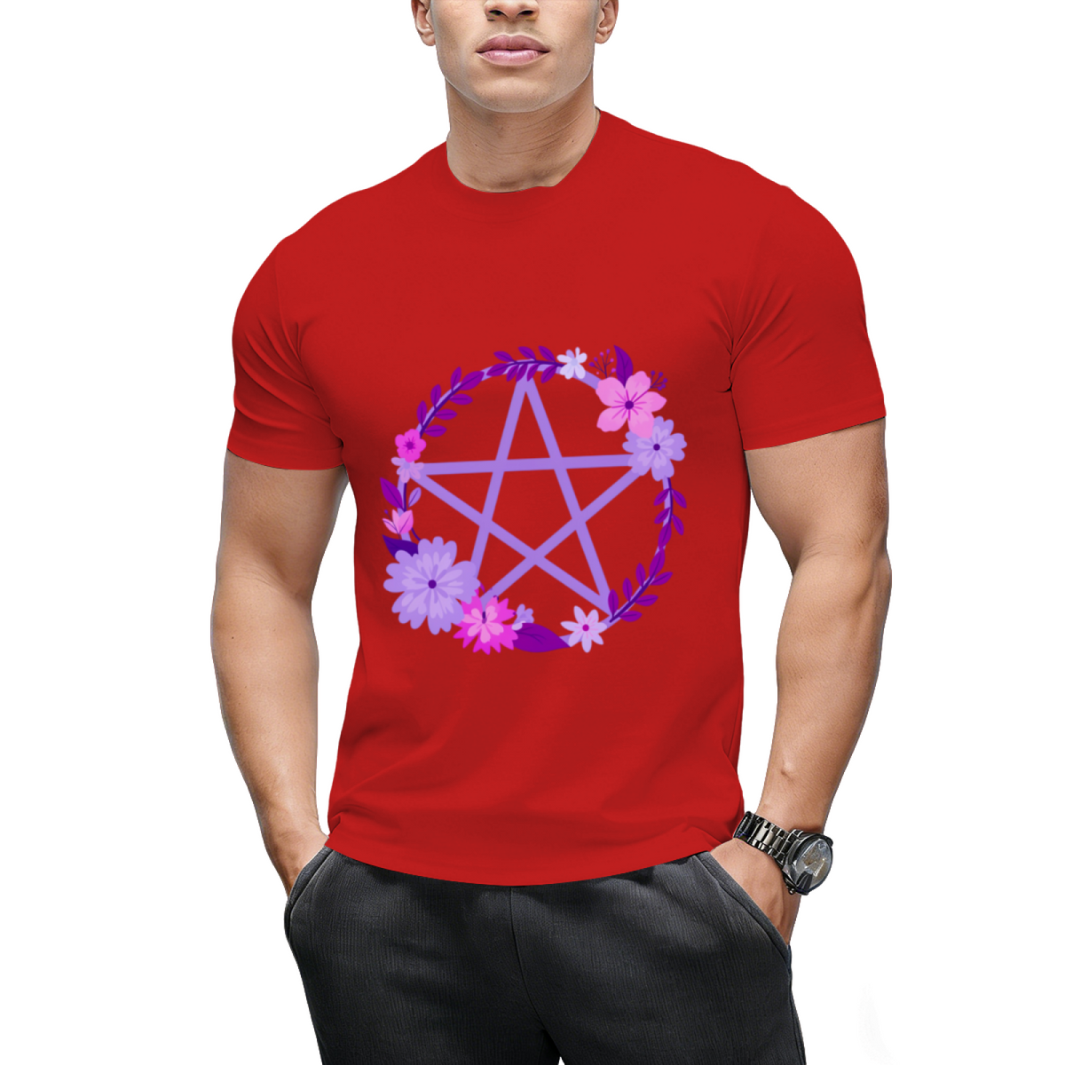 Purple Floral Pentacle Design Graphic T-Shirt
