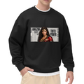 Front-facing model wearing a men's crewneck sweatshirt decorated with a determined warrior portrait over large newspaper-style lettering