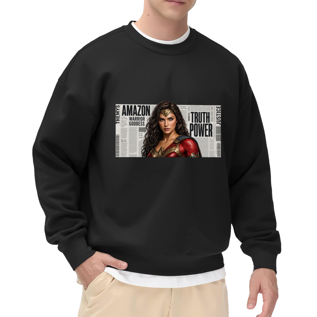 Front-facing model wearing a men's crewneck sweatshirt decorated with a determined warrior portrait over large newspaper-style lettering