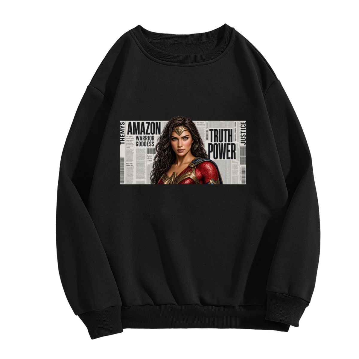 A determined warrior portrait over large newspaper-style lettering shown on the front of a men's crewneck sweatshirt in a standalone product shot