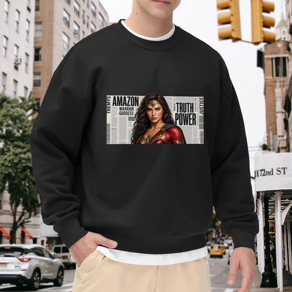 Outdoor photograph of a model in a men's crewneck sweatshirt bearing a determined warrior portrait over large newspaper-style lettering