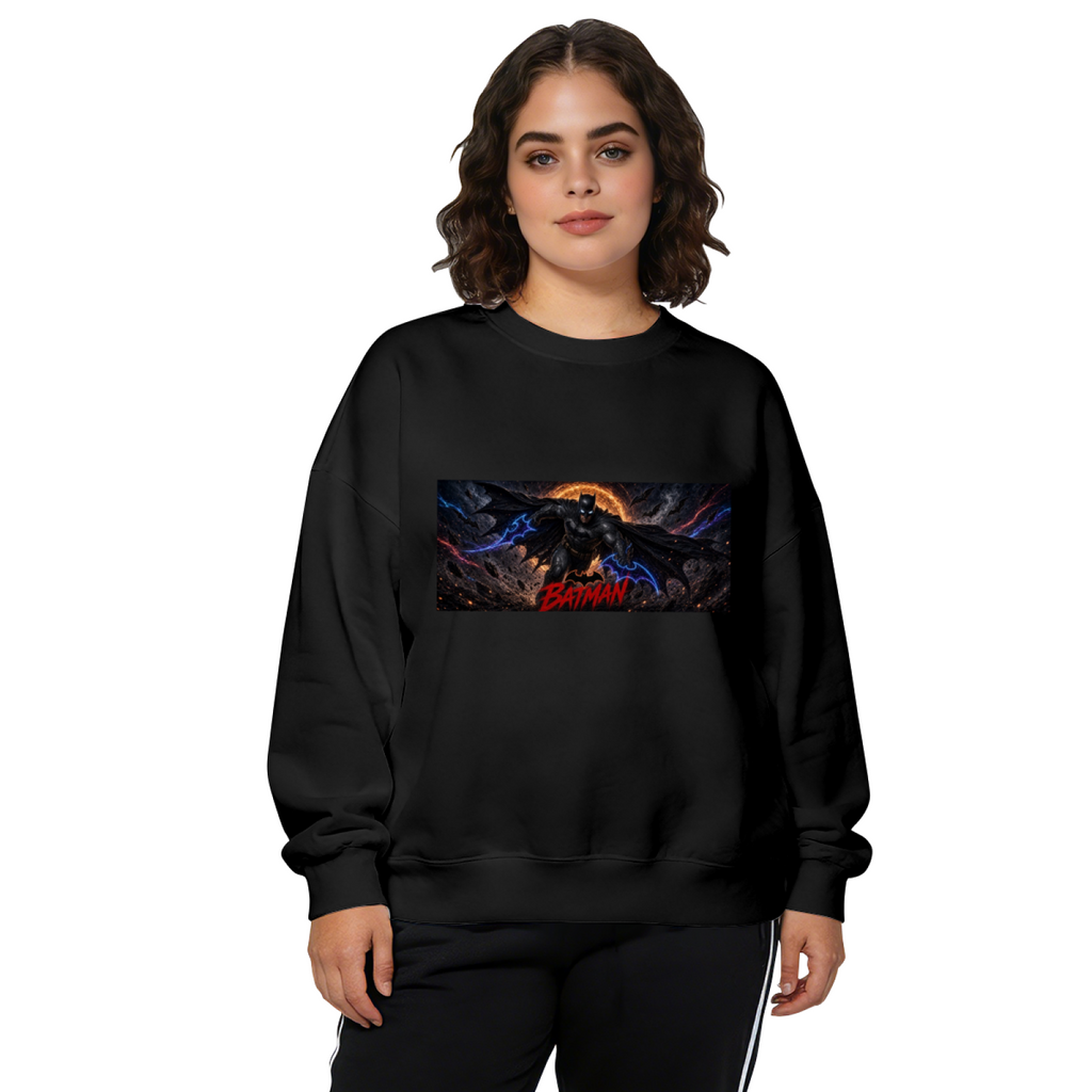 Studio photograph of a model in a women's crewneck sweatshirt showing a winged figure stretched across a wide eclipse-like backdrop