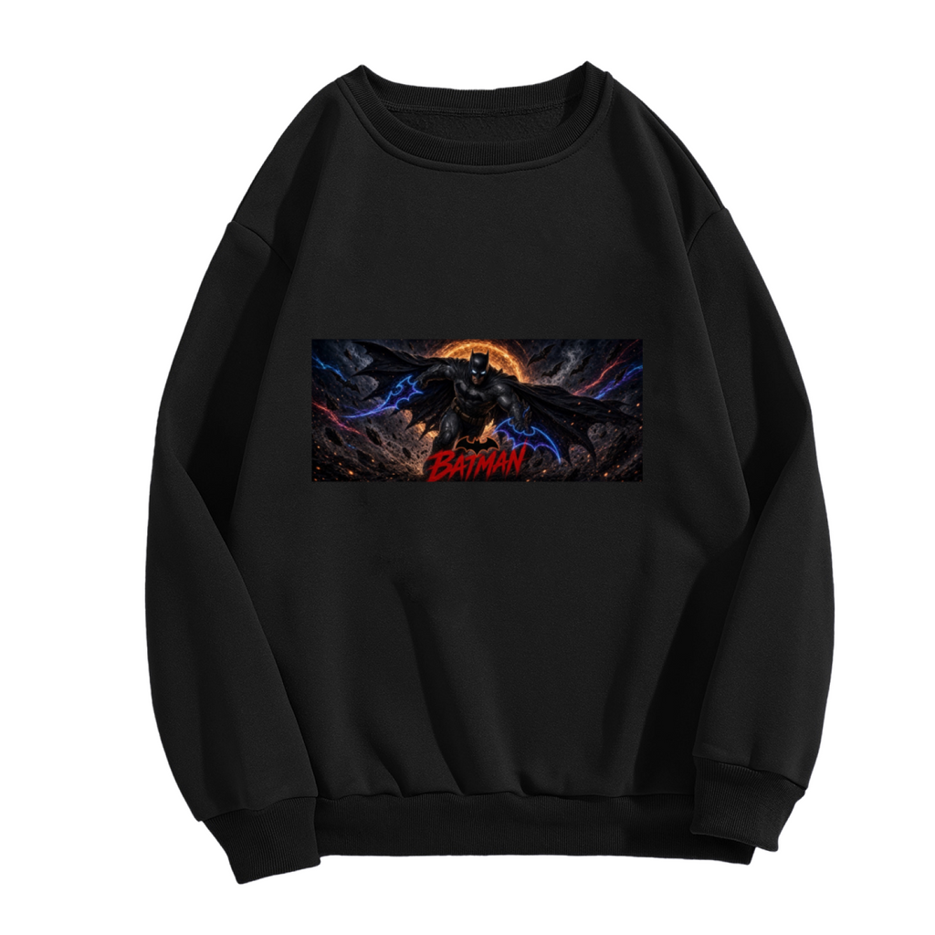 Standalone women's crewneck sweatshirt front displaying a graphic of a winged figure stretched across a wide eclipse-like backdrop