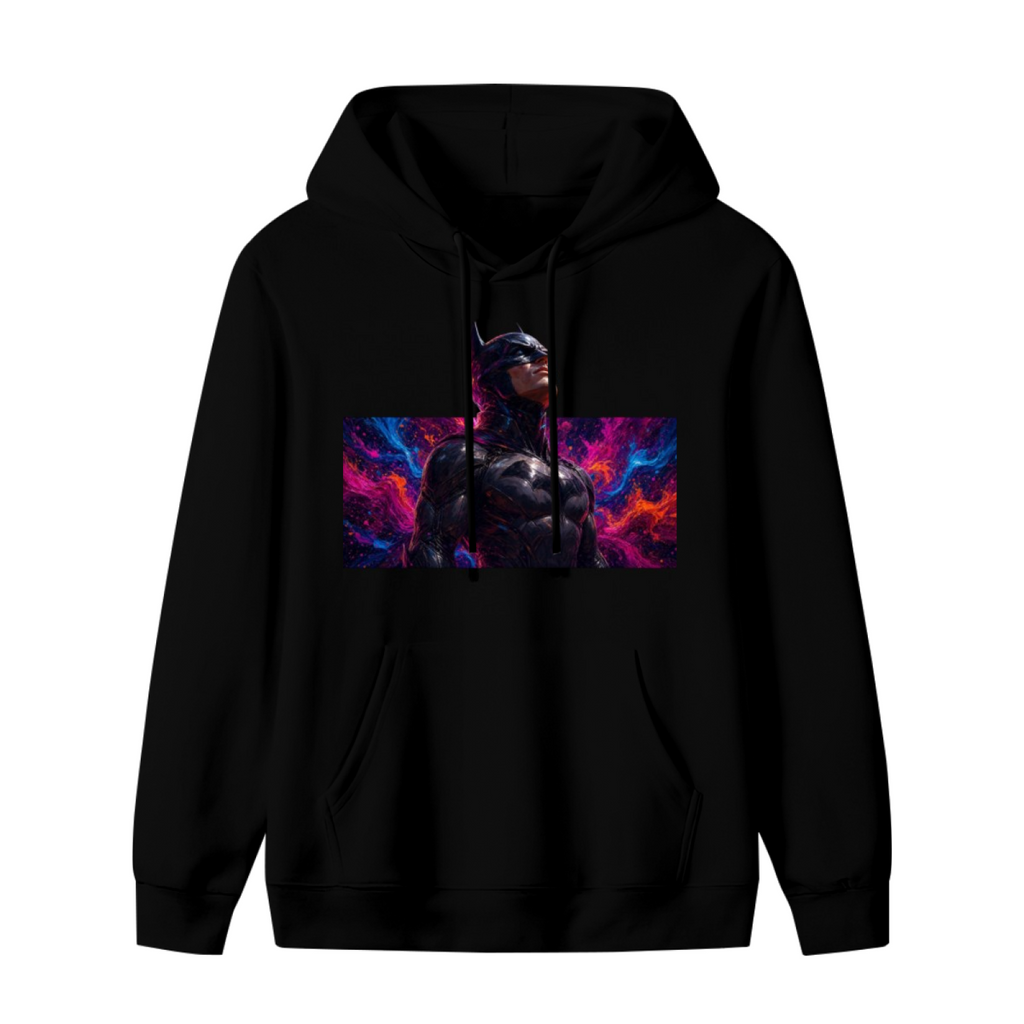 Unworn men's hoodie, front view of the design depicting an armored cowl portrait surrounded by electric pink and blue light