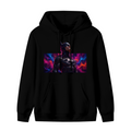 Unworn men's hoodie, front view of the design depicting an armored cowl portrait surrounded by electric pink and blue light